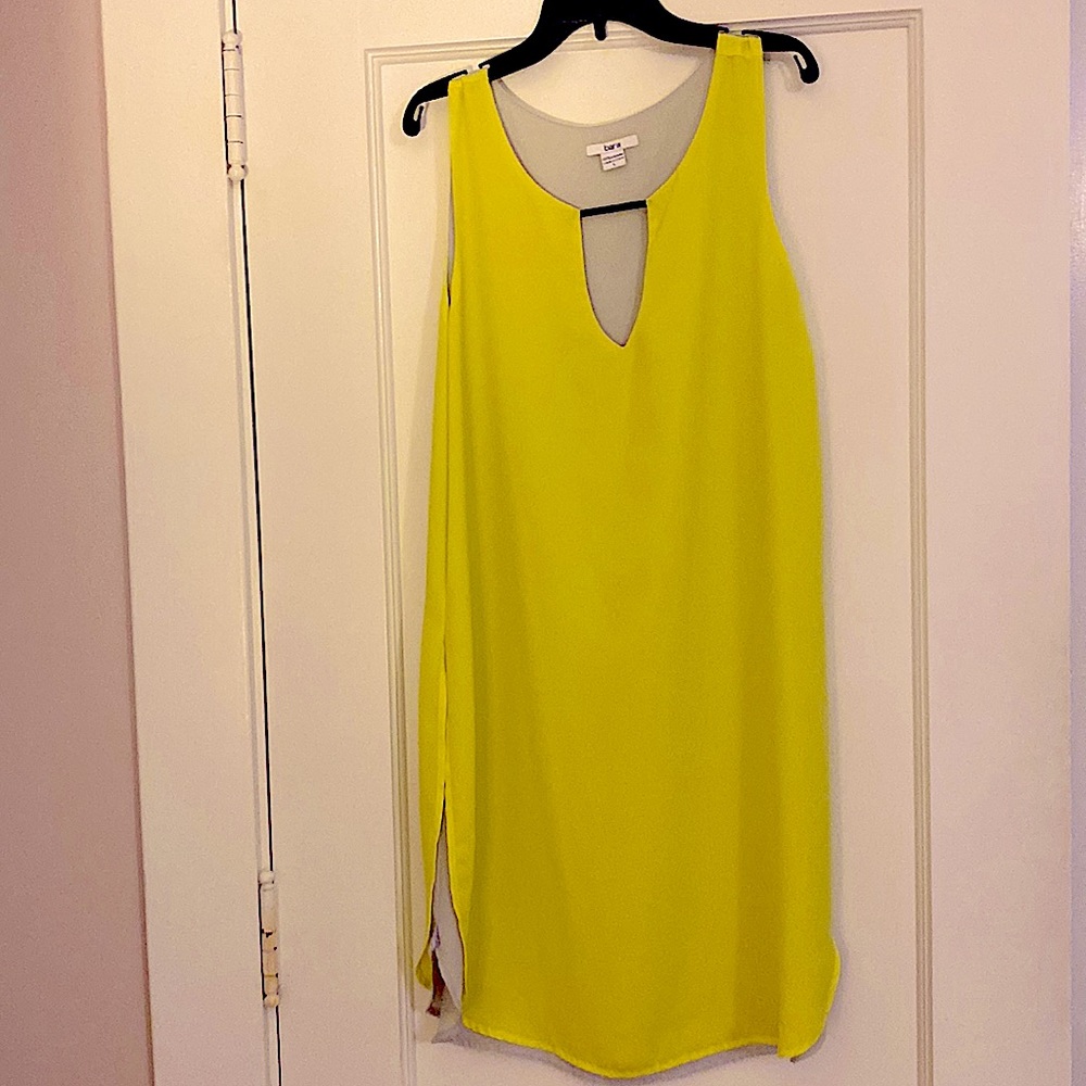 Bar III neon yellow-green shift dress with side slits keyhole neckline